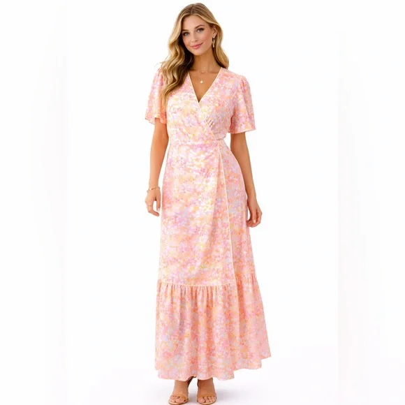 LaRoque Floral Wrap Midi Dress Pink Yellow Cottagecore Preppy Feminine Small - Picture 3 of 16